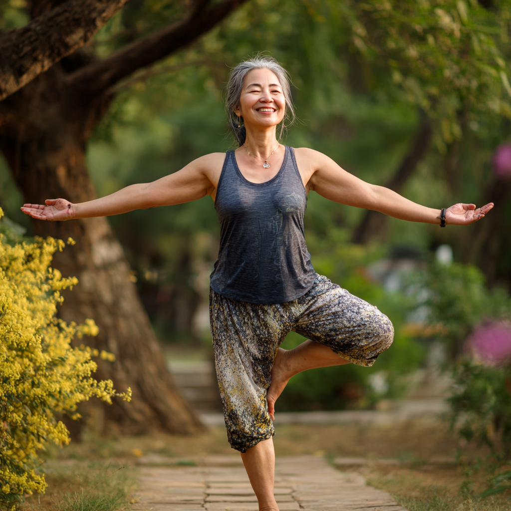 O'zbekistonlik yosh ayol osoyishta yoga amaliyoti qilib, tabassum qilayotgan holda lotosda o'tirib meditatsiya qilmoqda