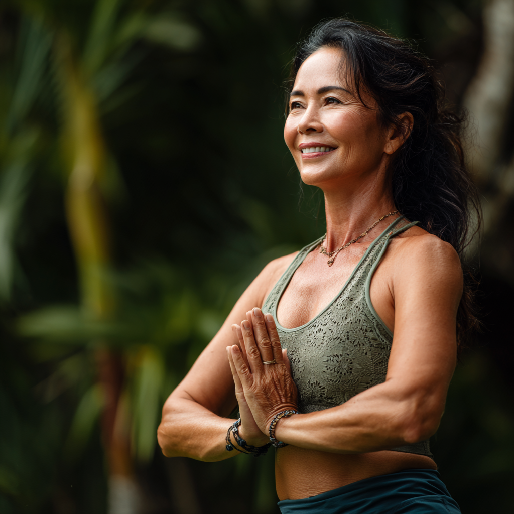 O'zbekistonlik katta yoshdagi ayol yoga pozitsiyasida muvozanatni saqlayotgan holda juda tinch va baxtli ko'rinishda